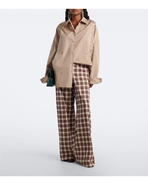 Dries Van Noten White Plaid Cotton Flannel Wide-Leg Pants