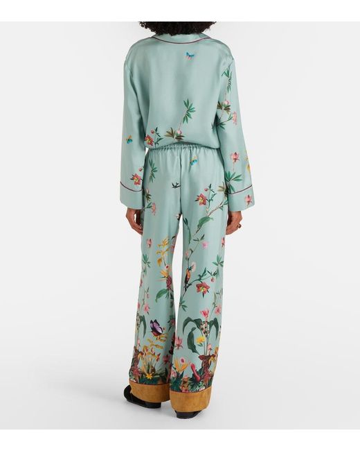 LaDoubleJ Green Printed Silk Twill Wide-Leg Pants