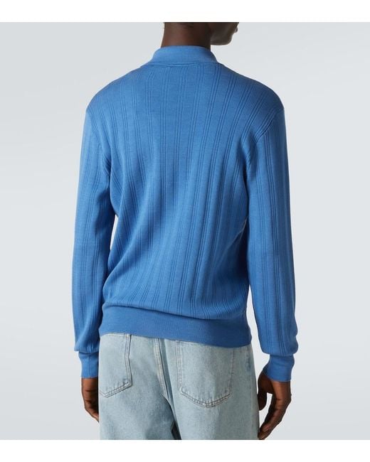 Valentino Blue Ribbed-Knit Cotton Polo Sweater for men