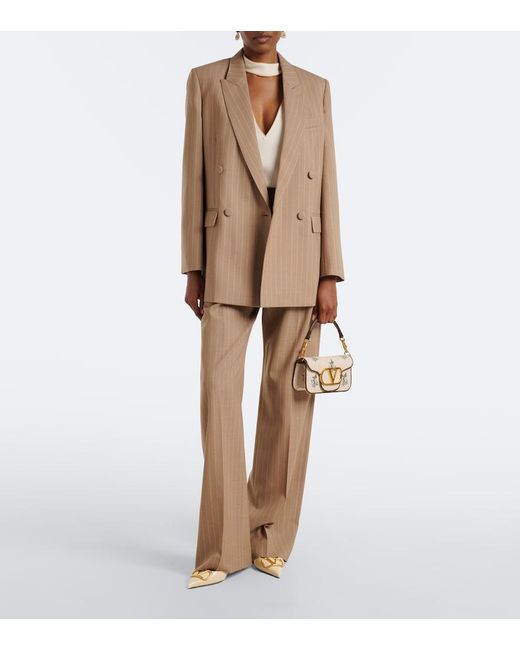 Valentino Natural Pinstripe Pleated Wool Wide-Leg Pants