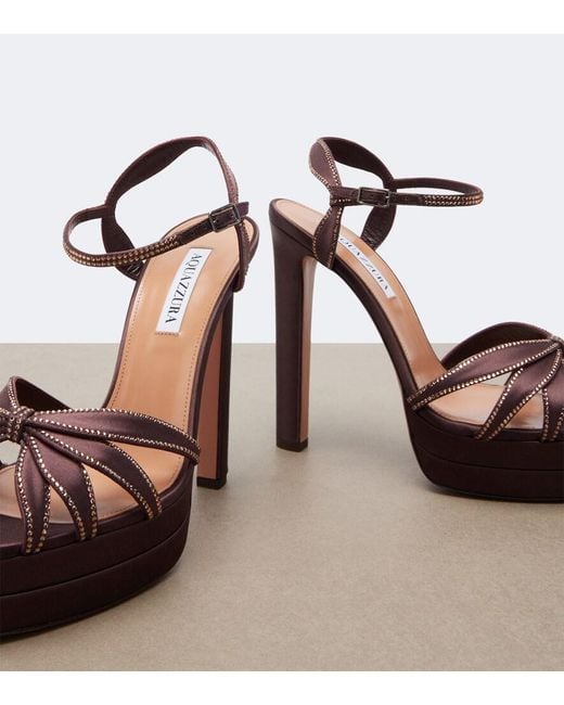 Aquazzura Brown Soulmate Crystal Satin Platform Sandals