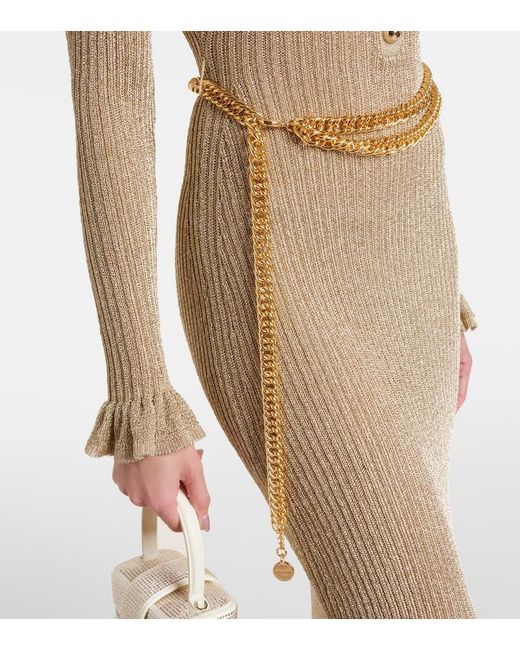 Self-Portrait Natural Ribbed-Knit Lame Midi Dress