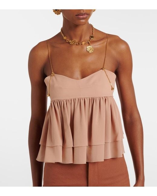 Chloé Orange Tiered Ruffle Organic Silk Georgette Babydoll Top