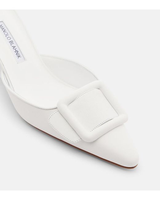 Manolo Blahnik White Maysale 50 Leather Mules