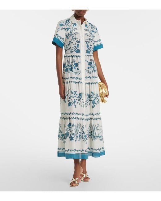 Erdem Blue Floral Cotton And Linen Tiered Shirt Dress