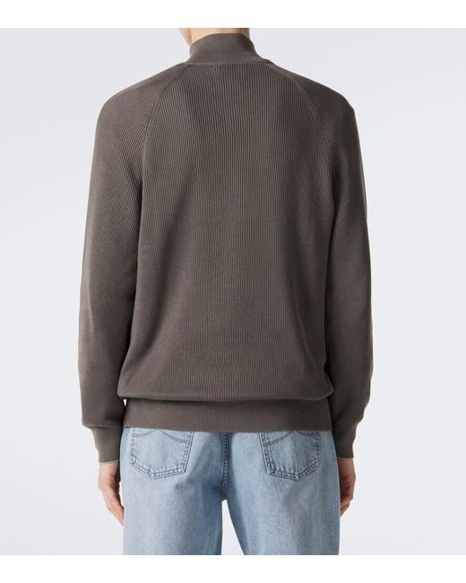 Brunello Cucinelli Gray Ribbed-Knit Half-Zip Cotton Sweater for men