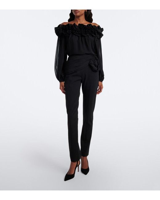 Carolina Herrera Black Floral-Applique Wool-Blend Leggings