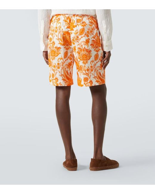 Etro Orange Paisley Linen Bermuda Shorts for men
