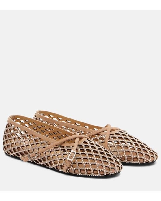 Mach & Mach Brown Sparkle Mesh Embellished Suede Ballet Flats