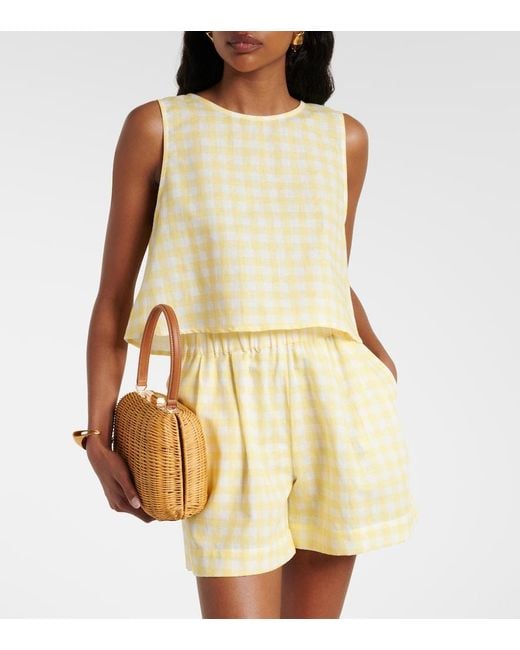 Asceno Yellow Kobe Gingham Linen And Cotton Crop Top