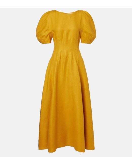 Gabriela Hearst Yellow Ranya Puff-Sleeve Linen Twill Maxi Dress