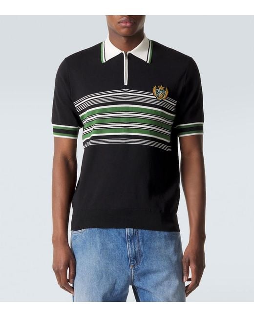 Dolce & Gabbana Black Embroidered Striped Silk And Cotton Polo Shirt for men