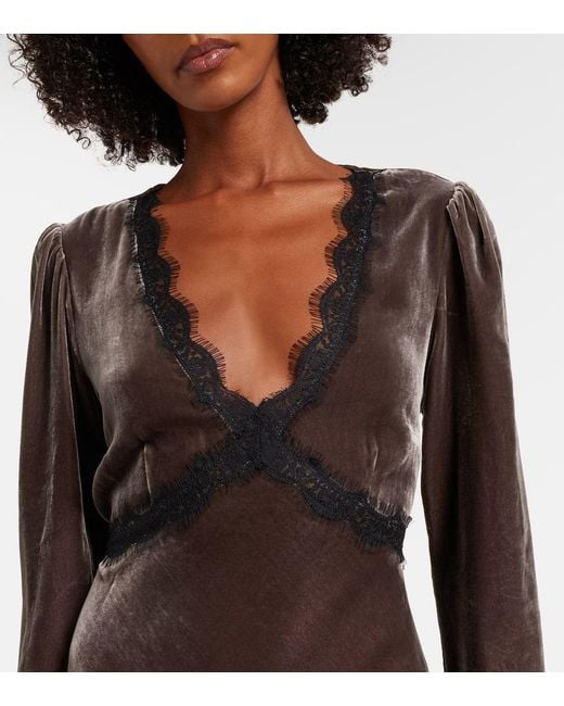 Rixo Brown Alesha Lace-Trimmed Velvet Midi Dress