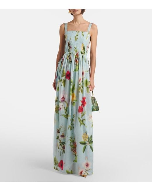 Oscar de la Renta White Belted Floral Voile Maxi Dress