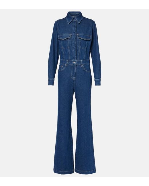 7 For All Mankind Blue Flared Denim Jumpsuit