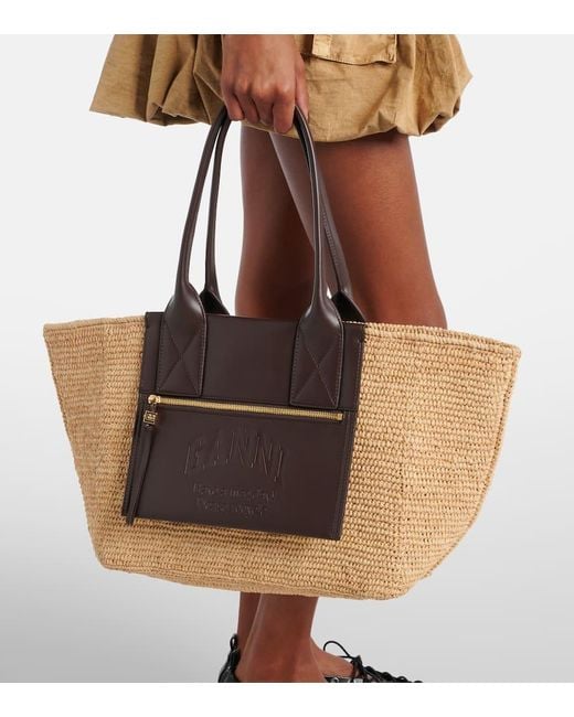 Cabas En Raphia Et Cuir Synthetique Ganni en coloris Brown
