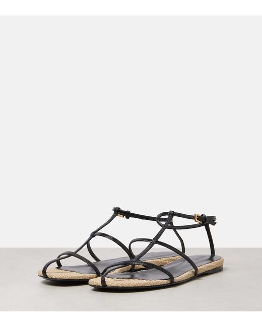 Khaite Black Cage Leather Raffia-Trimmed Sandals