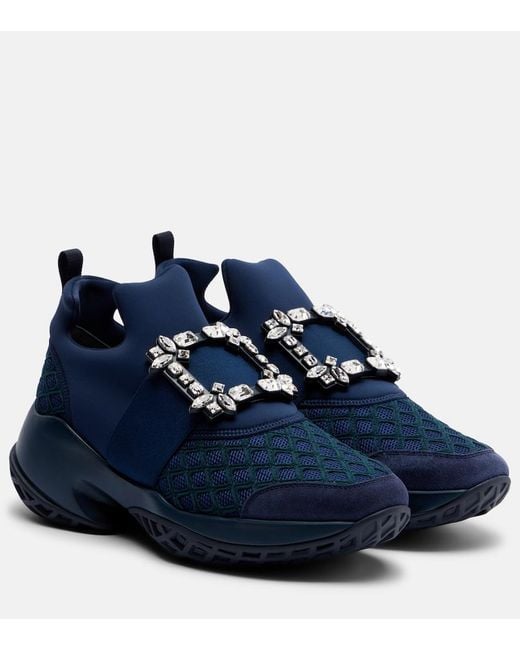 Roger Vivier Blue Viv' Run Suede-Trimmed Slip-On Sneakers