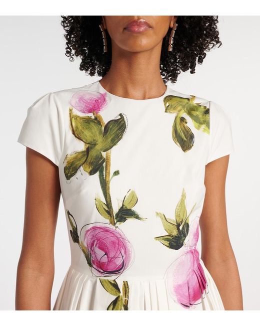 Oscar de la Renta White Floral Cotton-Blend Poplin Midi Dress