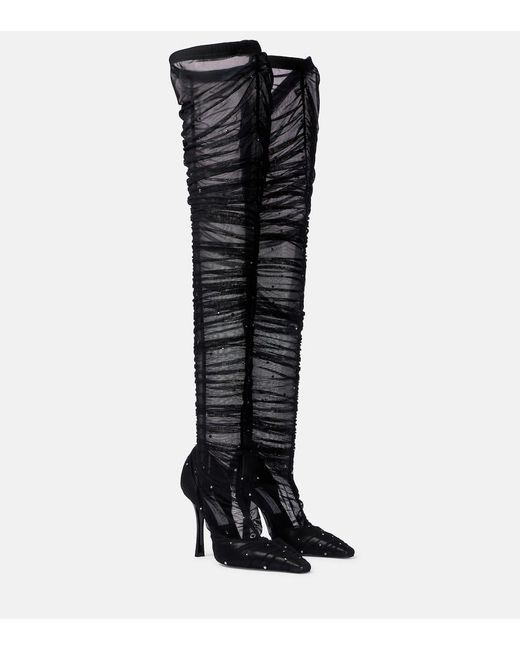 Jimmy Choo Black Lotta 100 Embellished Tulle Over-The-Knee Boots