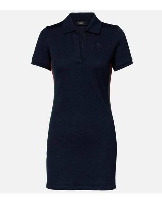 Gucci Blue Web Stripe Ribbed-Knit Jersey Polo Dress