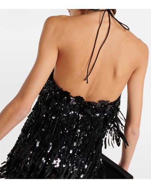 Carolina Herrera Black Fringed Sequined Crepe Halterneck Gown