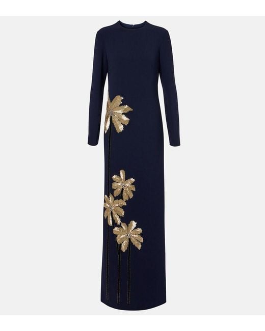 Costarellos Blue Nevina Crystal-Embellished Crepe Gown