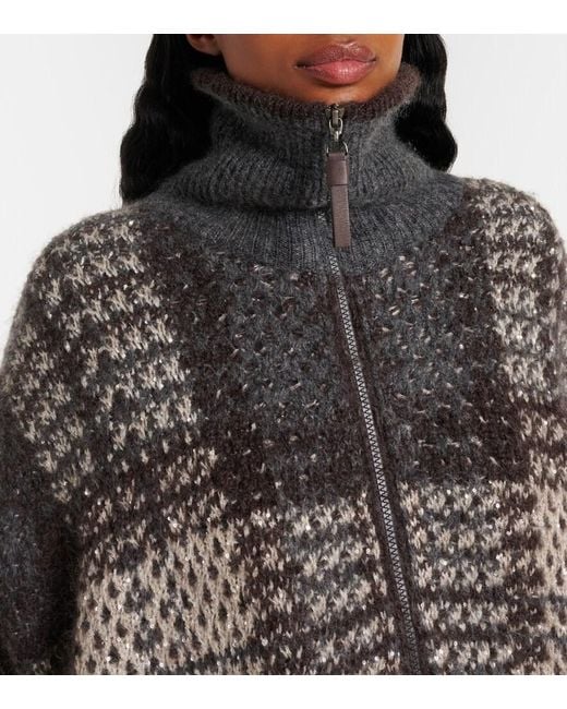 Brunello Cucinelli Gray Checked Sequined Cardigan