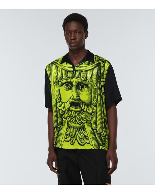 Versace Green Printed Satin Bowling Shirt for men