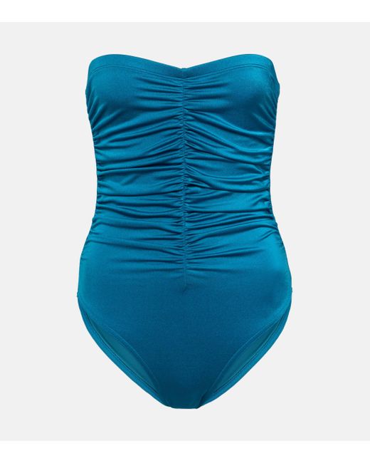 Karla Colletto Blue Ruched Strapless Swimsuit