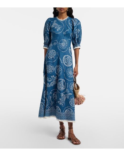 ALÉMAIS Blue Lucky Printed Linen Midi Dress