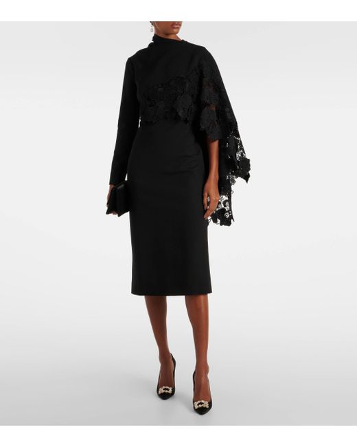 Oscar de la Renta Black Floral Guipure Wool Midi Dress