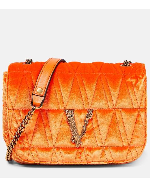 Versace Orange Virtus Small Velvet Shoulder Bag