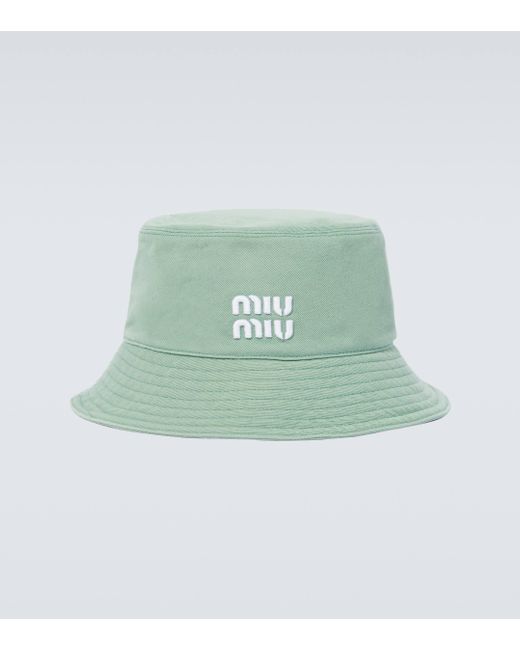Miu Miu Green Embroidered Denim Bucket Hat for men