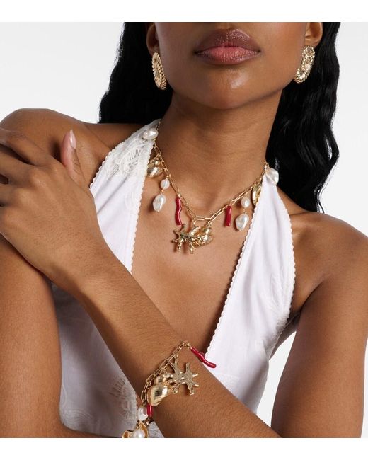 Self-Portrait Metallic Faux Pearl-Embellished Charm Necklace