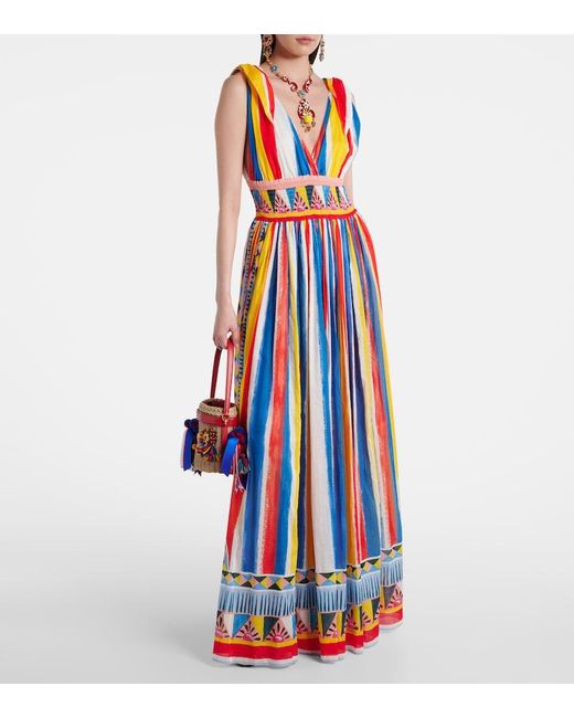 Dolce & Gabbana Blue Striped Cotton Maxi Dress