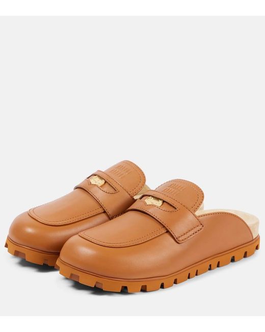 Miu Miu Brown Logo Leather Mules