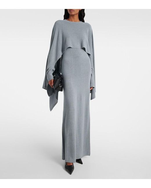Totême Blue Cape-Detail Silk Boucle Maxi Dress