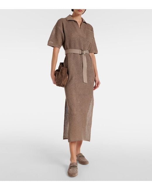 Vestido de algodón neto de con cinturón Brunello Cucinelli de color Natural