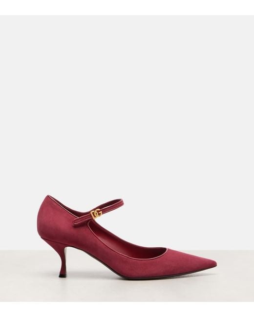 Dolce & Gabbana Red Dg Leather-Trimmed Suede Mary Jane Pumps