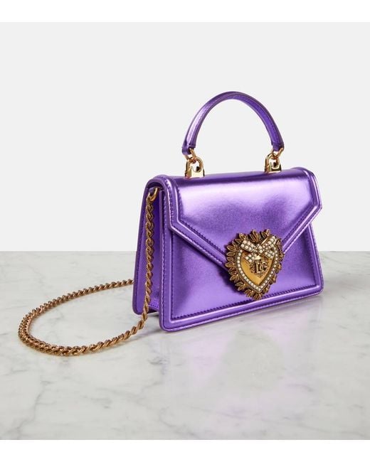 Dolce & Gabbana Purple Verzierte Tote Devotion Small aus Metallic-Leder