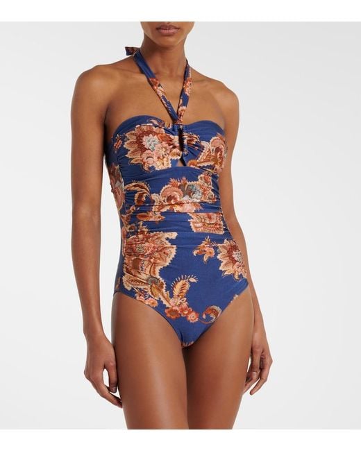 Zimmermann Blue Aster Printed Halterneck Swimsuit
