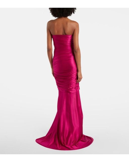 Balmain Red Draped Ruffled Satin Bustier Gown