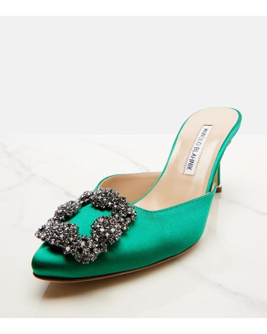 Manolo Blahnik Green Hangisimu 70 Embellished Satin Mules
