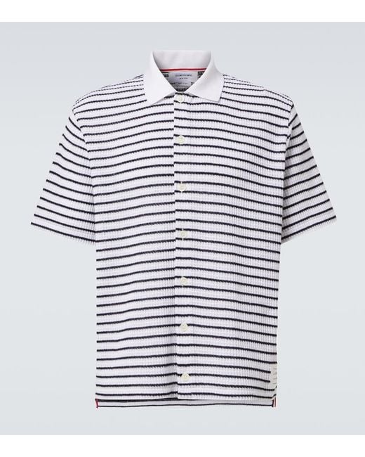 Thom Browne Blue Striped Waffle-Knit Cotton Polo Shirt for men