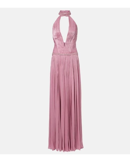 Costarellos Purple Juliette Halterneck Georgette Lame Gown