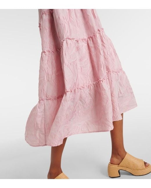 Ganni Pink Textured Cloqué Tiered Maxi Dress