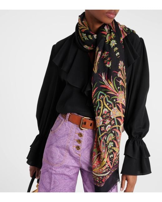 Etro Black Printed Cashmere And Silk-blend Scarf