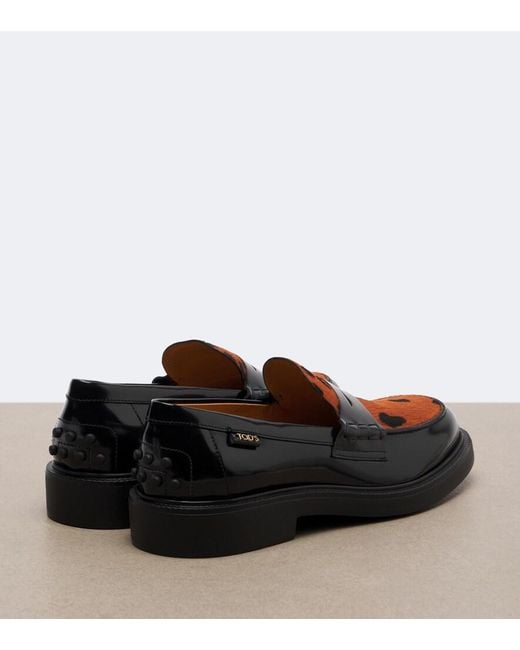Tod's Black Leather Leopard-Print Penny Loafers
