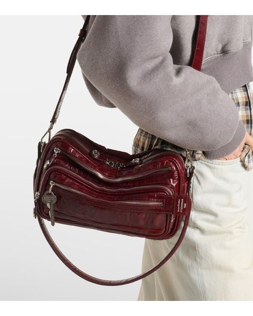 Acne Red Camero Croc-Effect Leather Shoulder Bag